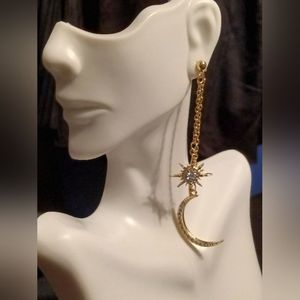 Sparkly Moon & Star Long Gold Dangle Earrings.